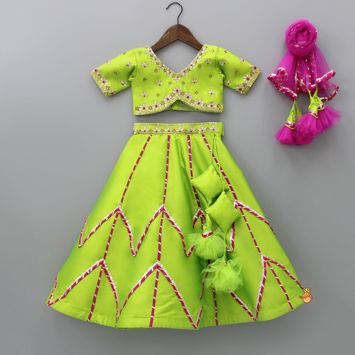 Pre Order: Green Embroidered Crop Top With Lehenga And Net Dupatta