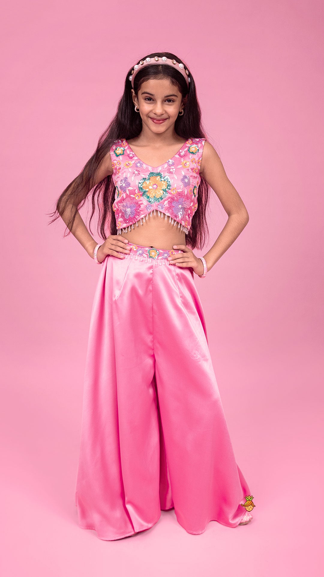 Pre Order: Floral Embroidered Stylish Pink Top And Palazzo