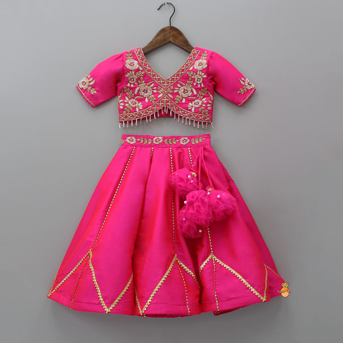 Pre Order: Floral Embroidered Pink Top And Lenega With Matching Net Dupatta