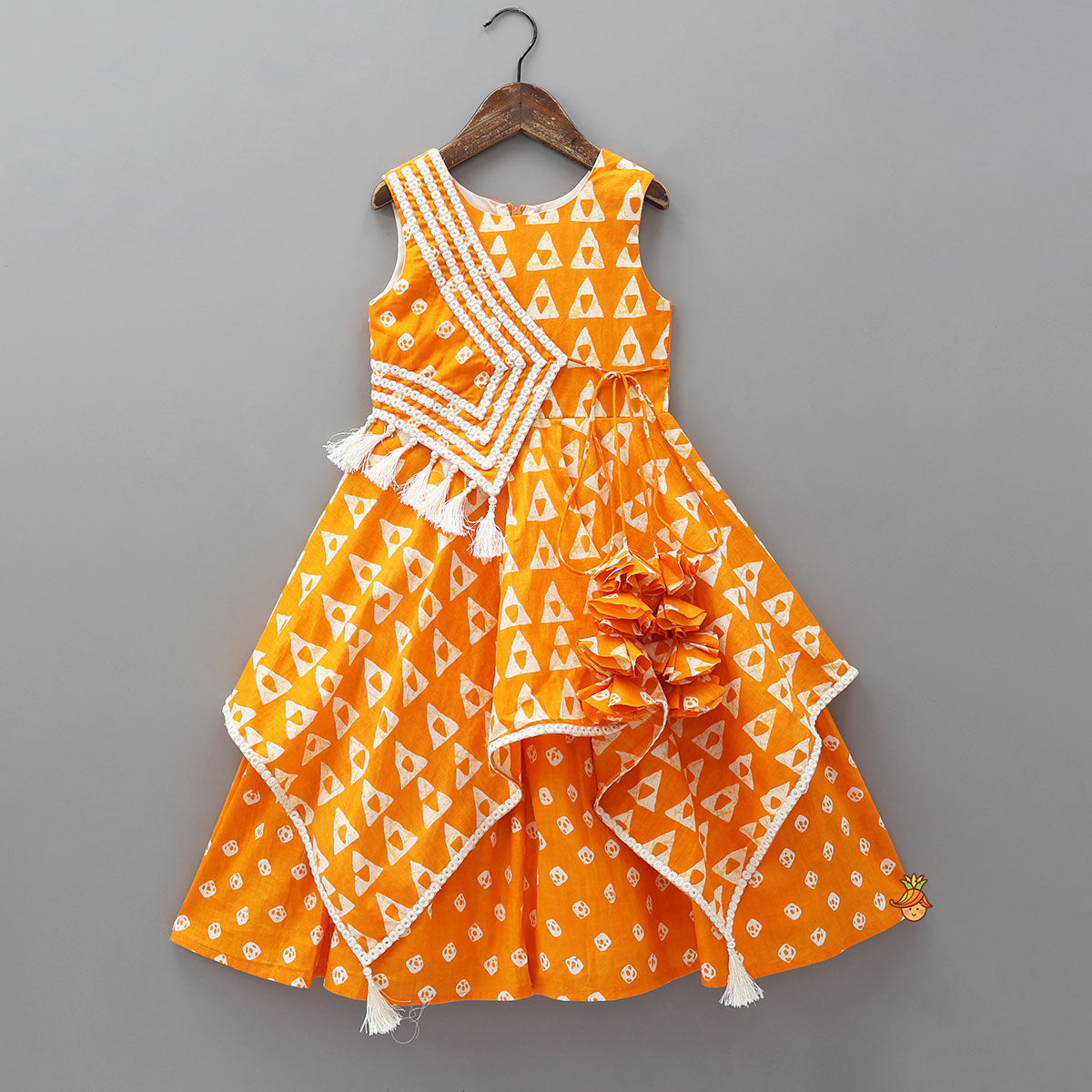 Pre Order: Orange Printed Kurti With Faux Mirror Work Flap