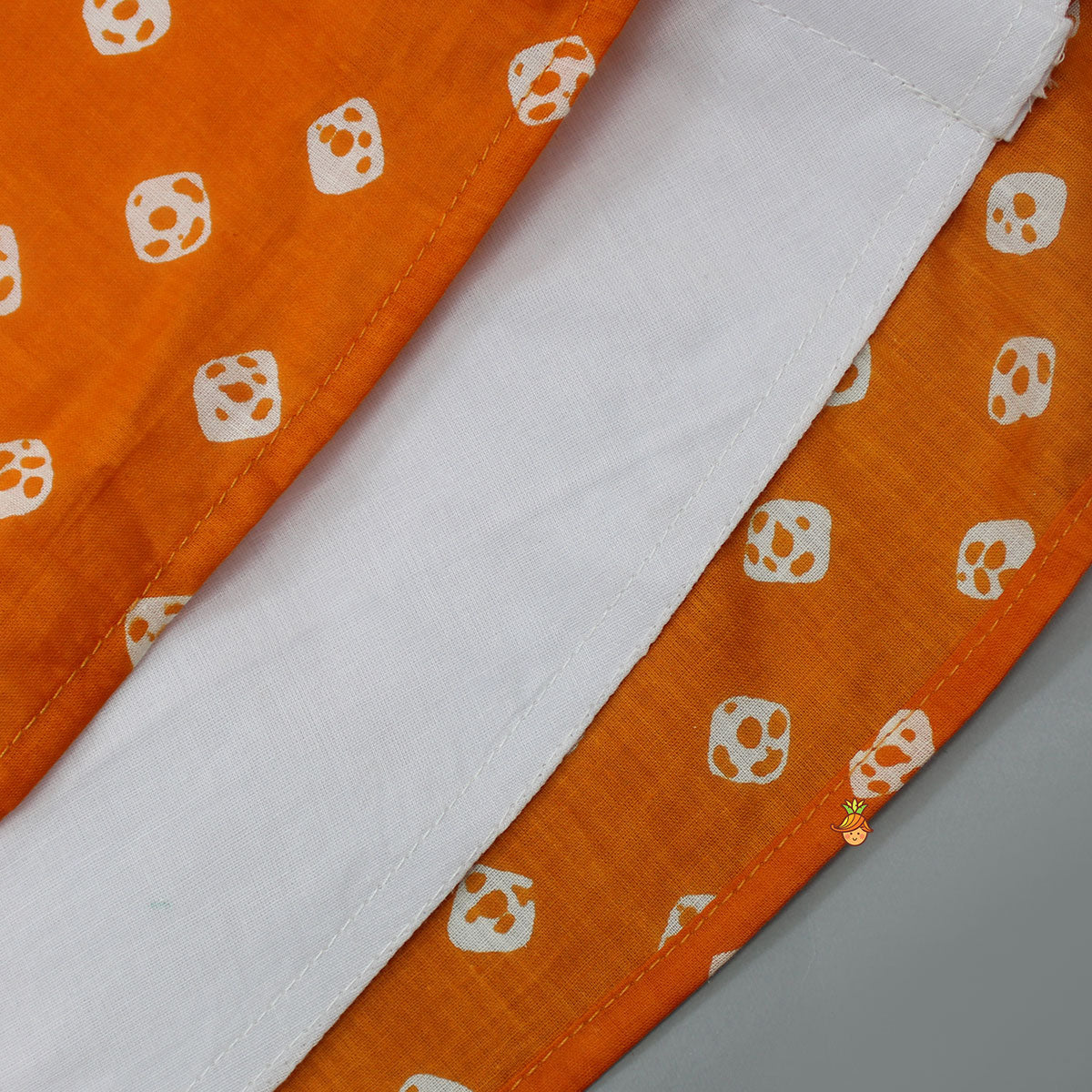 Pre Order: Orange Printed Kurti With Faux Mirror Work Flap