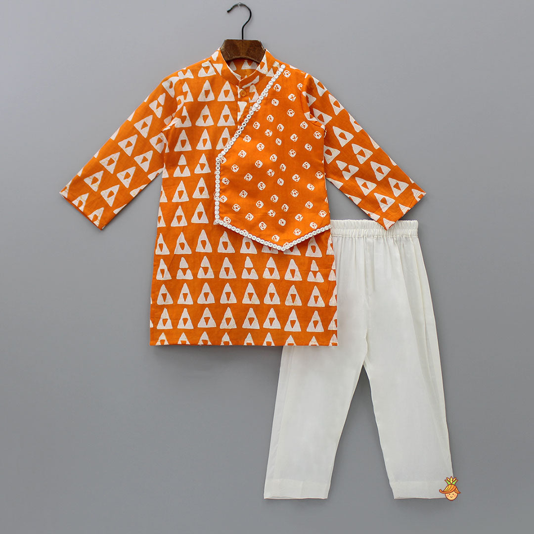 Pre Order: Orange Printed Kurta With One Side Flap And Pyjama