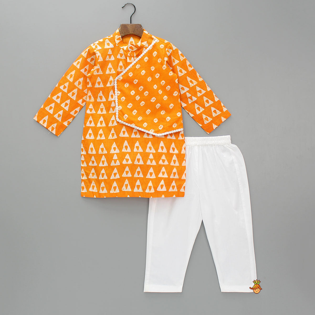 Pre Order: Orange Printed Kurta With One Side Flap And Pyjama