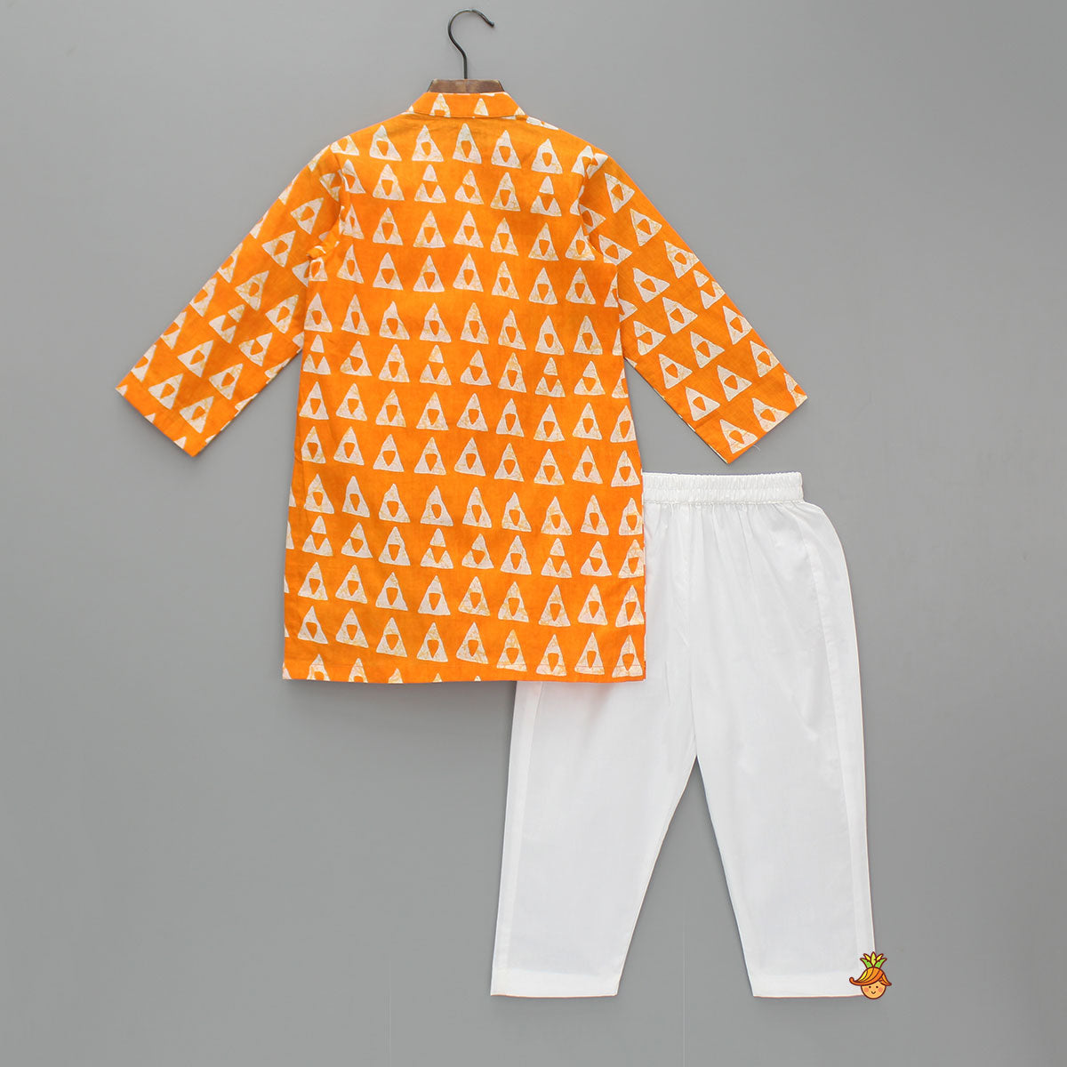 Pre Order: Orange Printed Kurta With One Side Flap And Pyjama