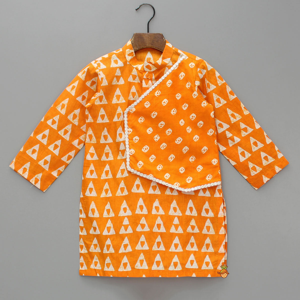 Pre Order: Orange Printed Kurta With One Side Flap And Pyjama