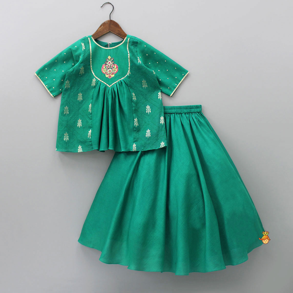 Pre Order: Yoke Embroidered Round Neck Green Kurti And Lehenga