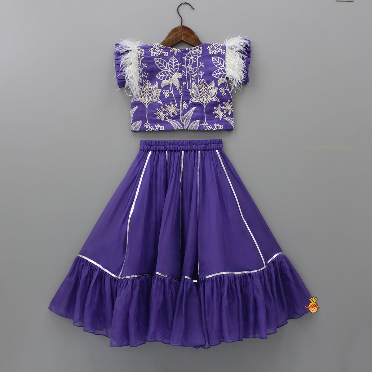 Pre Order: Purple Sequins And Embroidered Top With Frilly Hem Lehenga