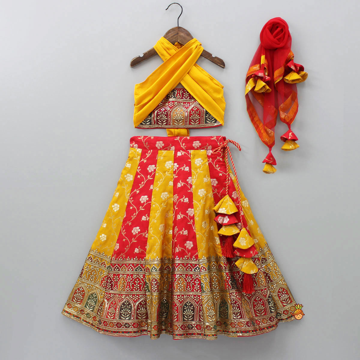 Pre Order: Embroidered Crop Top With Colour Blocked Lehenga And Net Dupatta