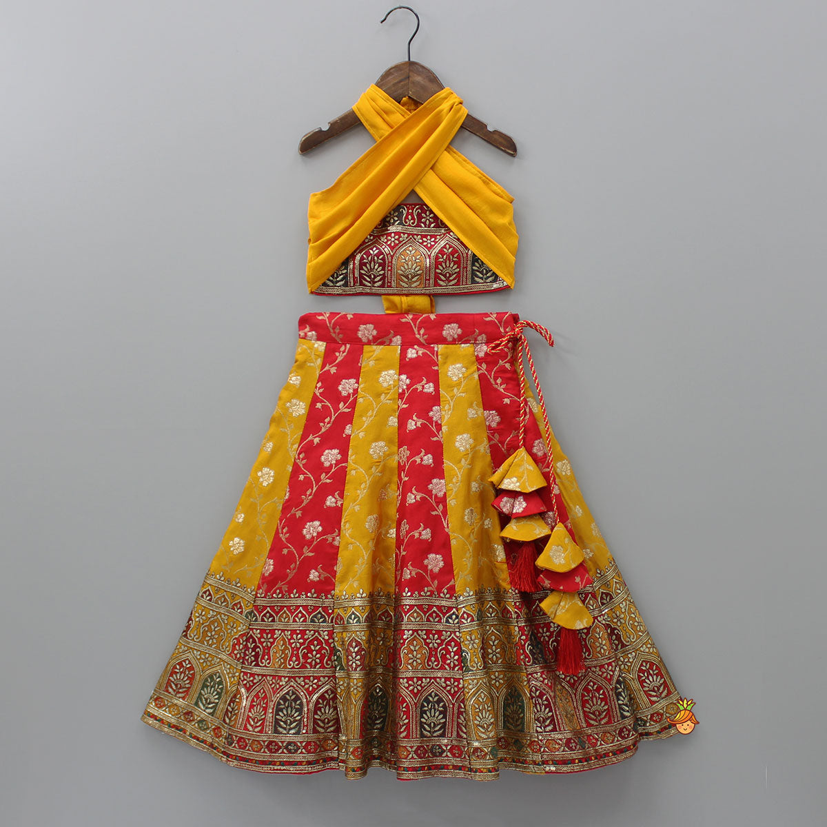 Pre Order: Embroidered Crop Top With Colour Blocked Lehenga And Net Dupatta