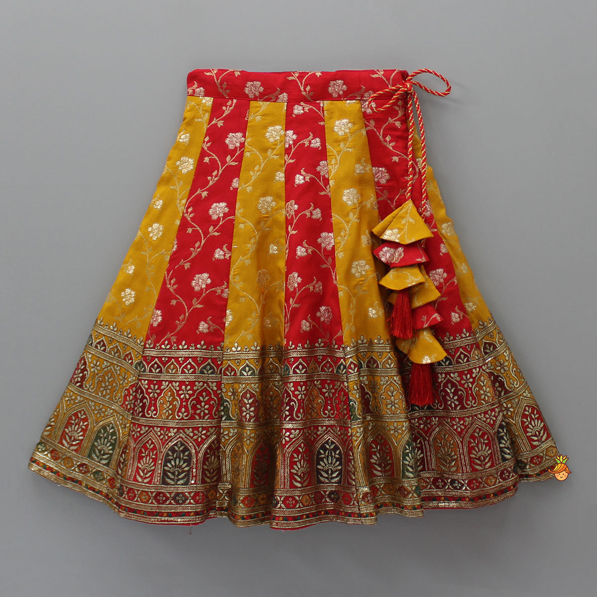 Pre Order: Embroidered Crop Top With Colour Blocked Lehenga And Net Dupatta