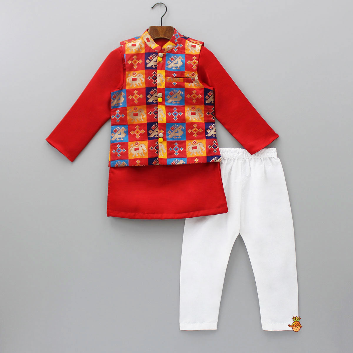 Pre Order: Red Kurta With Brocade Jacket And Pyjama