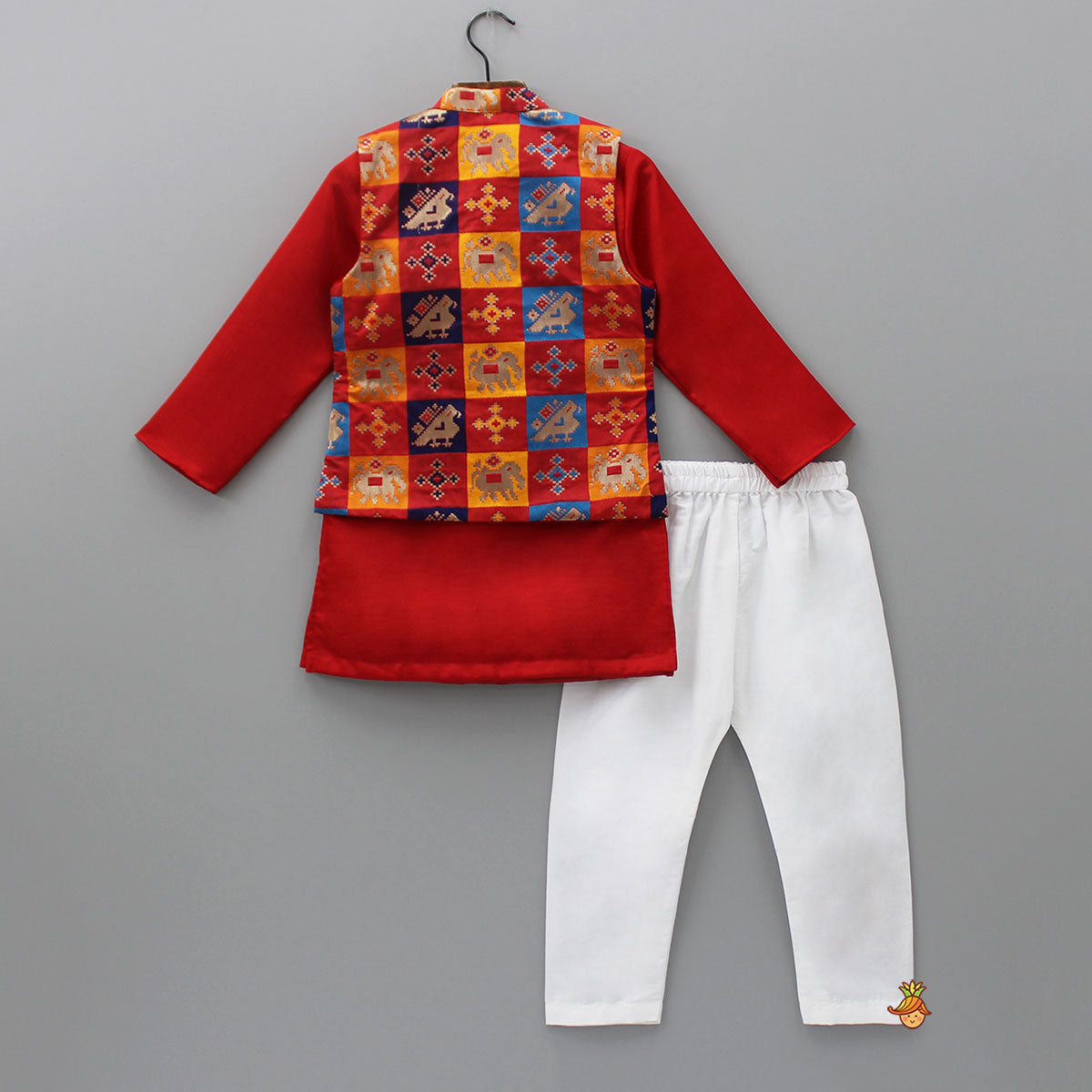 Pre Order: Red Kurta With Brocade Jacket And Pyjama