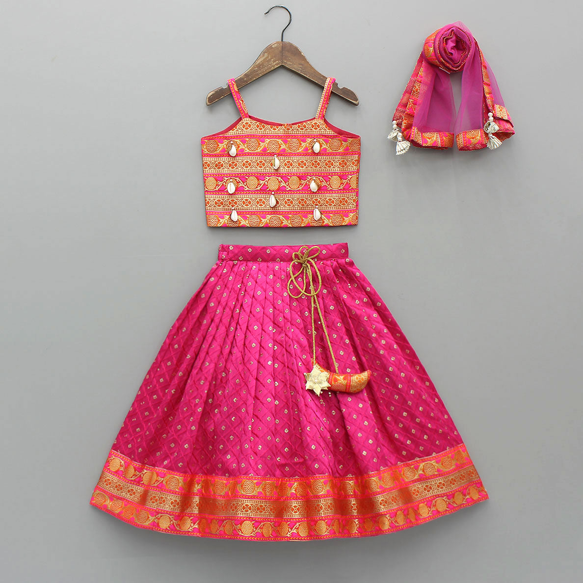 Pre Order: Brocade Strappy Top With Checks Embroidered Lehenga And Net Dupatta