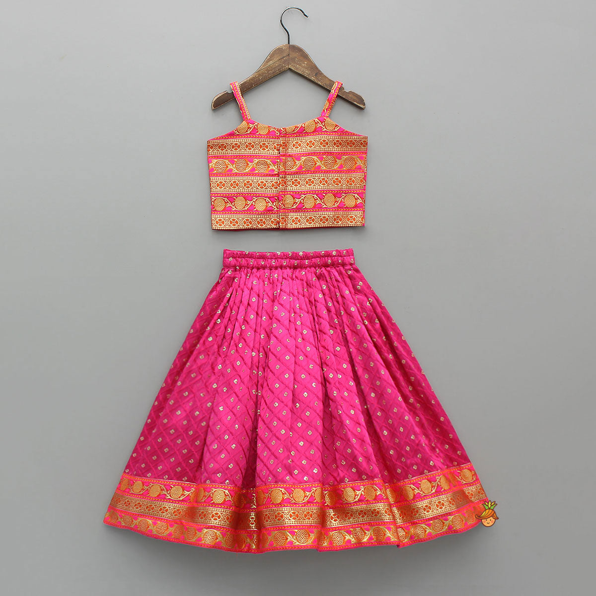Pre Order: Brocade Strappy Top With Checks Embroidered Lehenga And Net Dupatta