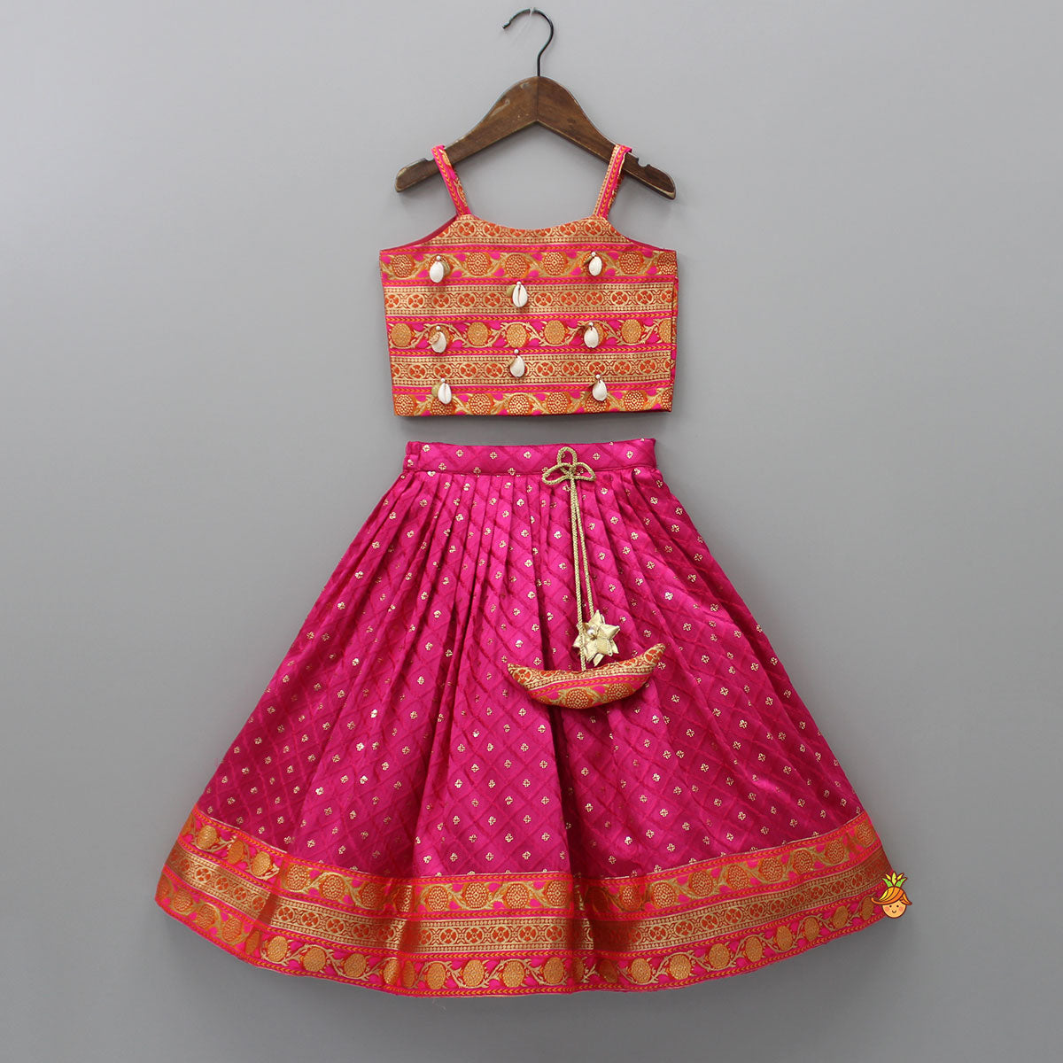 Pre Order: Brocade Strappy Top With Checks Embroidered Lehenga And Net Dupatta