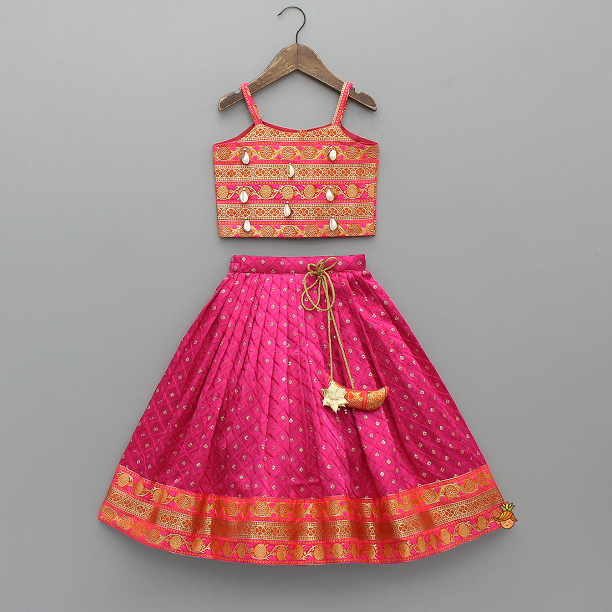 Pre Order: Brocade Strappy Top With Checks Embroidered Lehenga And Net Dupatta