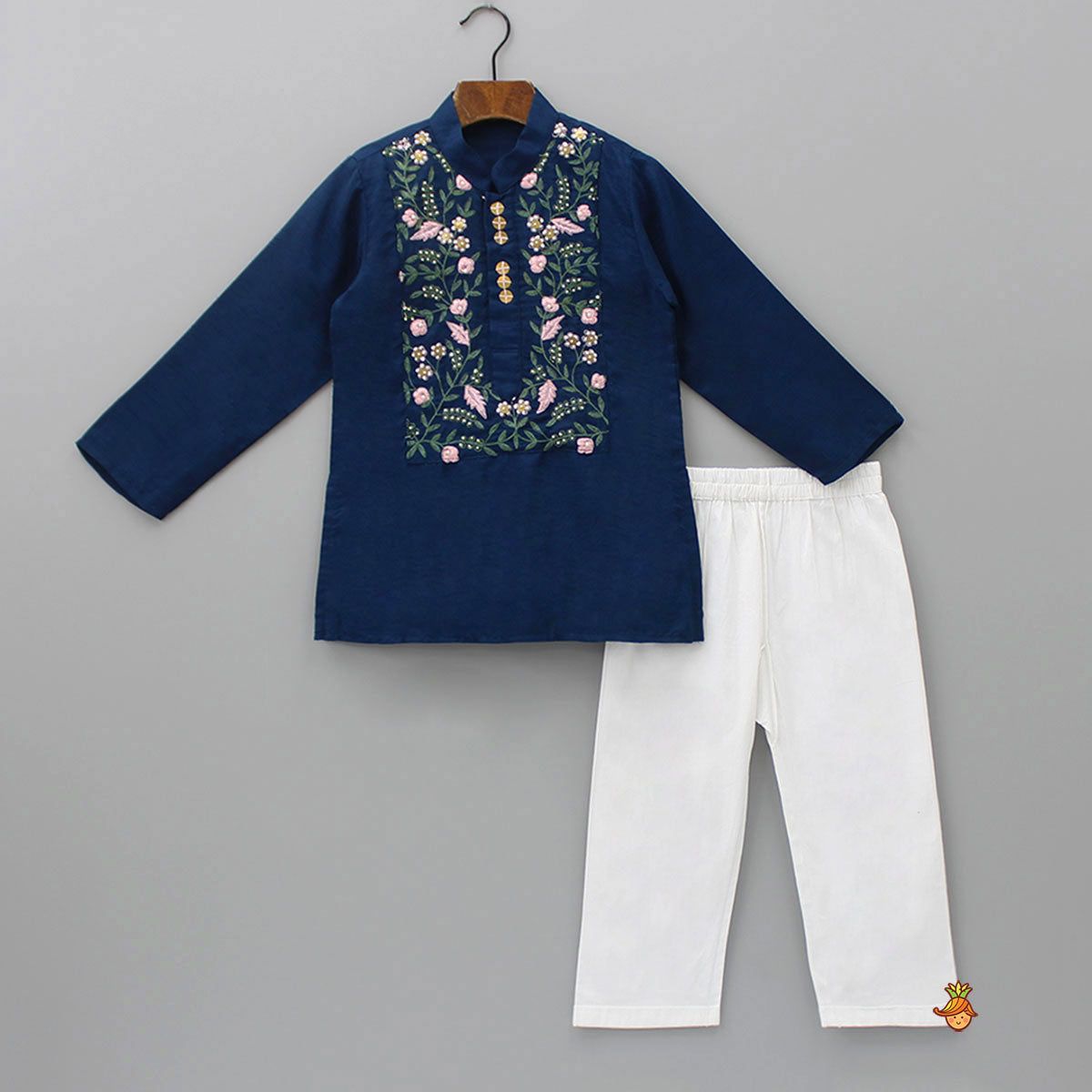 Pre Order: Floral Embroidered Kurta And White Pyjama