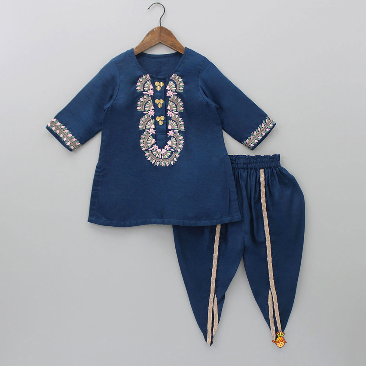 Pre Order: Blue Thread Embroidered Kurti With Tulip Dhoti