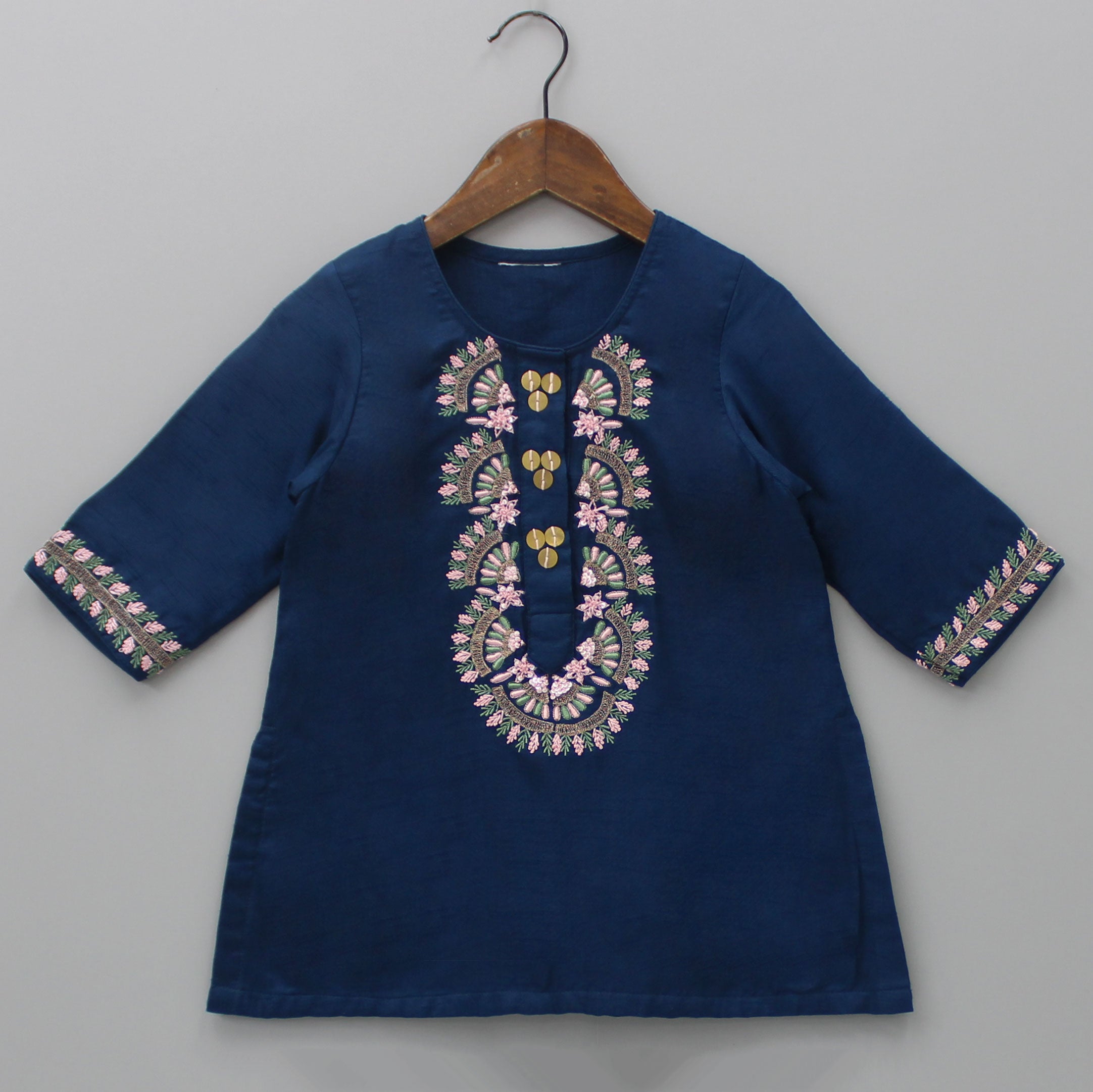 Pre Order: Blue Thread Embroidered Kurti With Tulip Dhoti