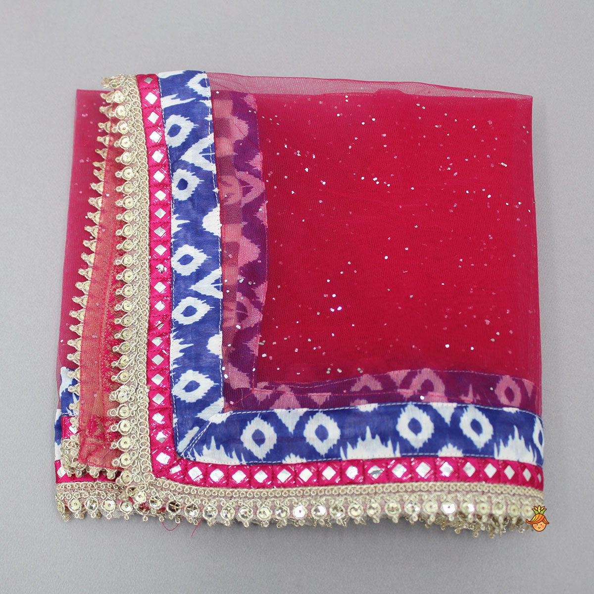 Pink Mirror Work Top With Inner And Ikat Printed Lehenga With Dupatta