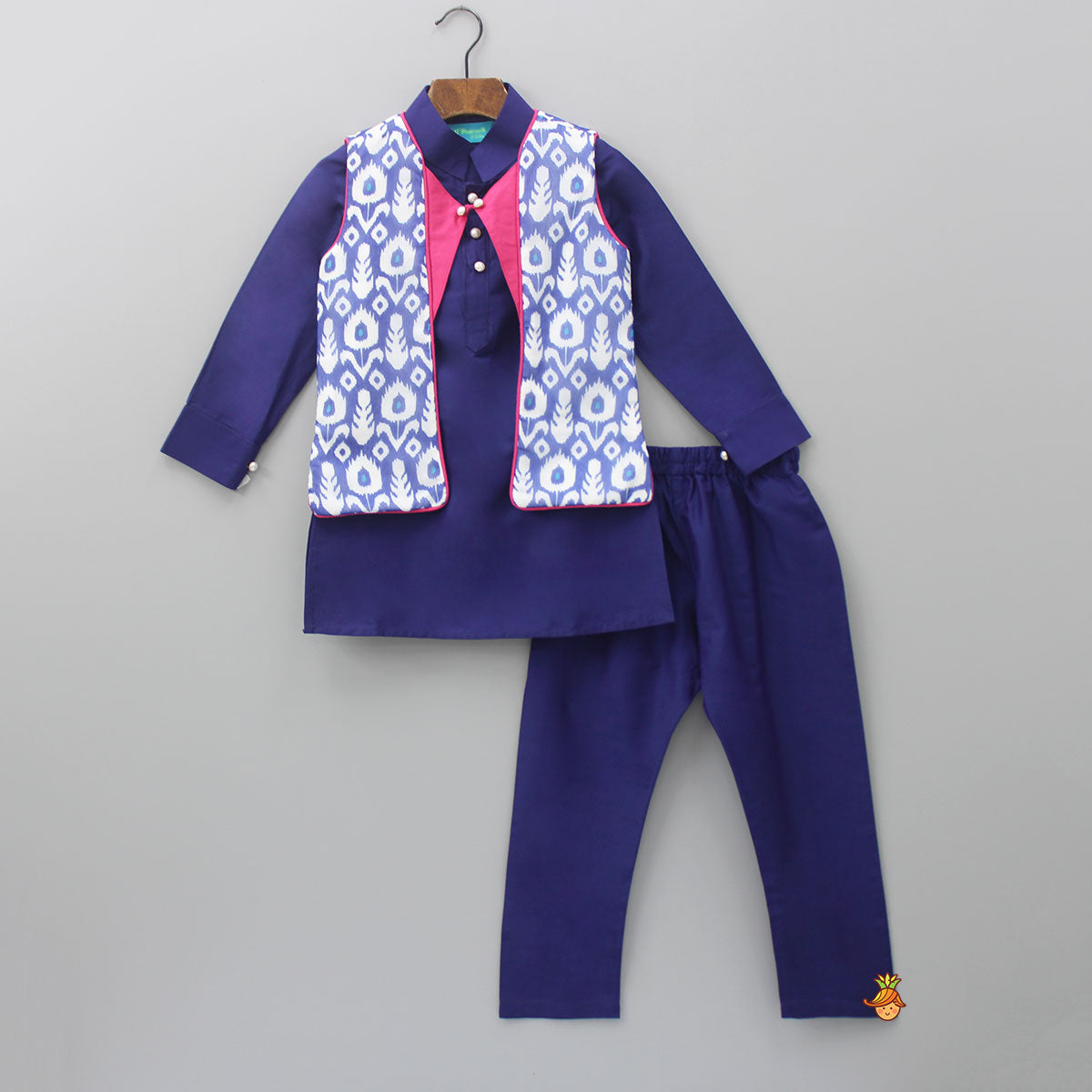 Blue Kurta With Printed Stylish Jacket And Pyjama