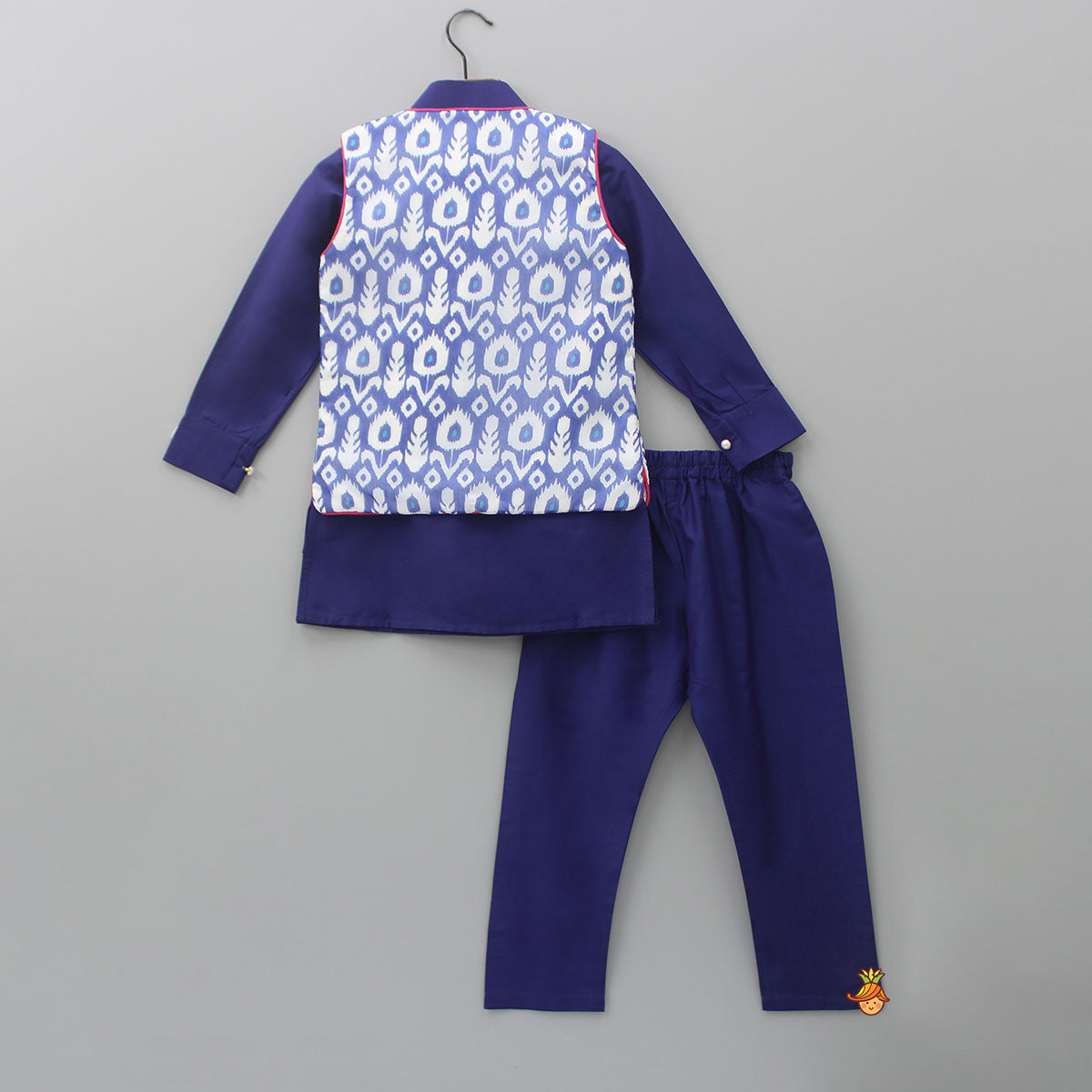 Blue Kurta With Printed Stylish Jacket And Pyjama