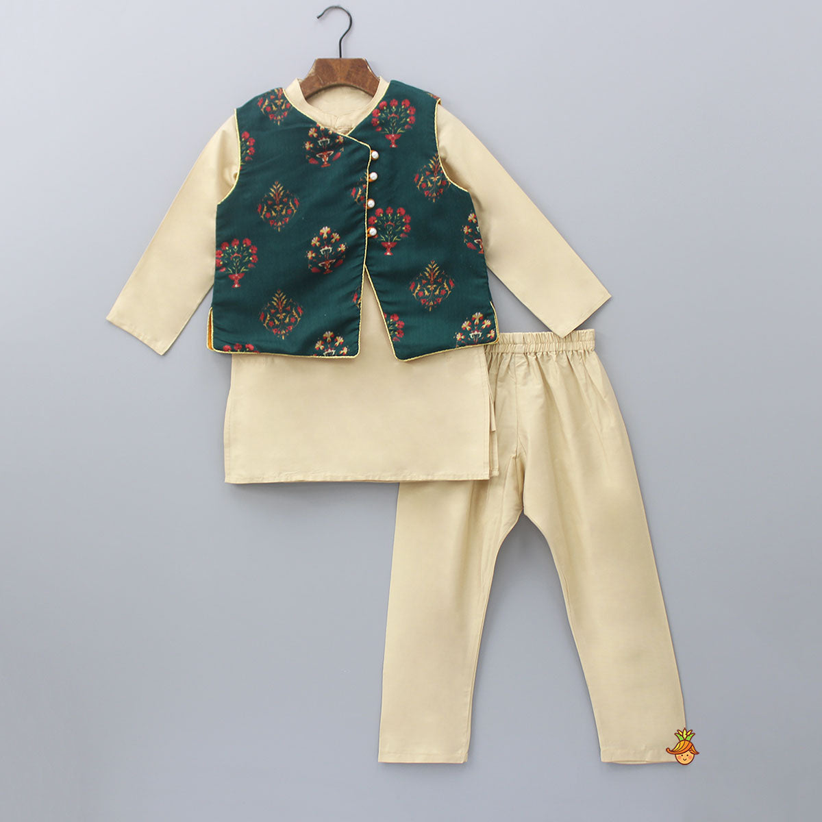 Beige Kurta With Printed Jacket And Pyjama