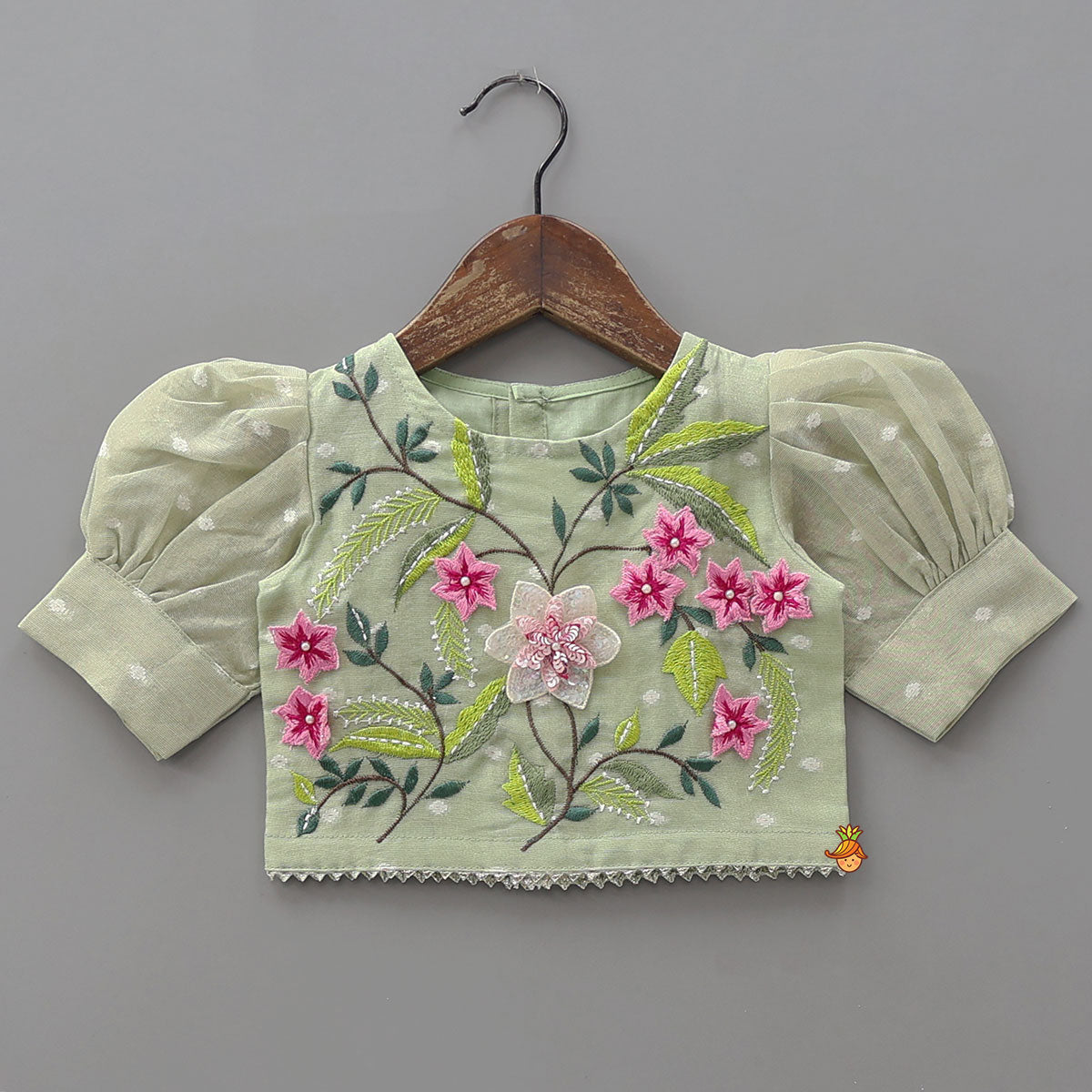 Pre Order: Green Butti Work Embroidered Top With Lehenga