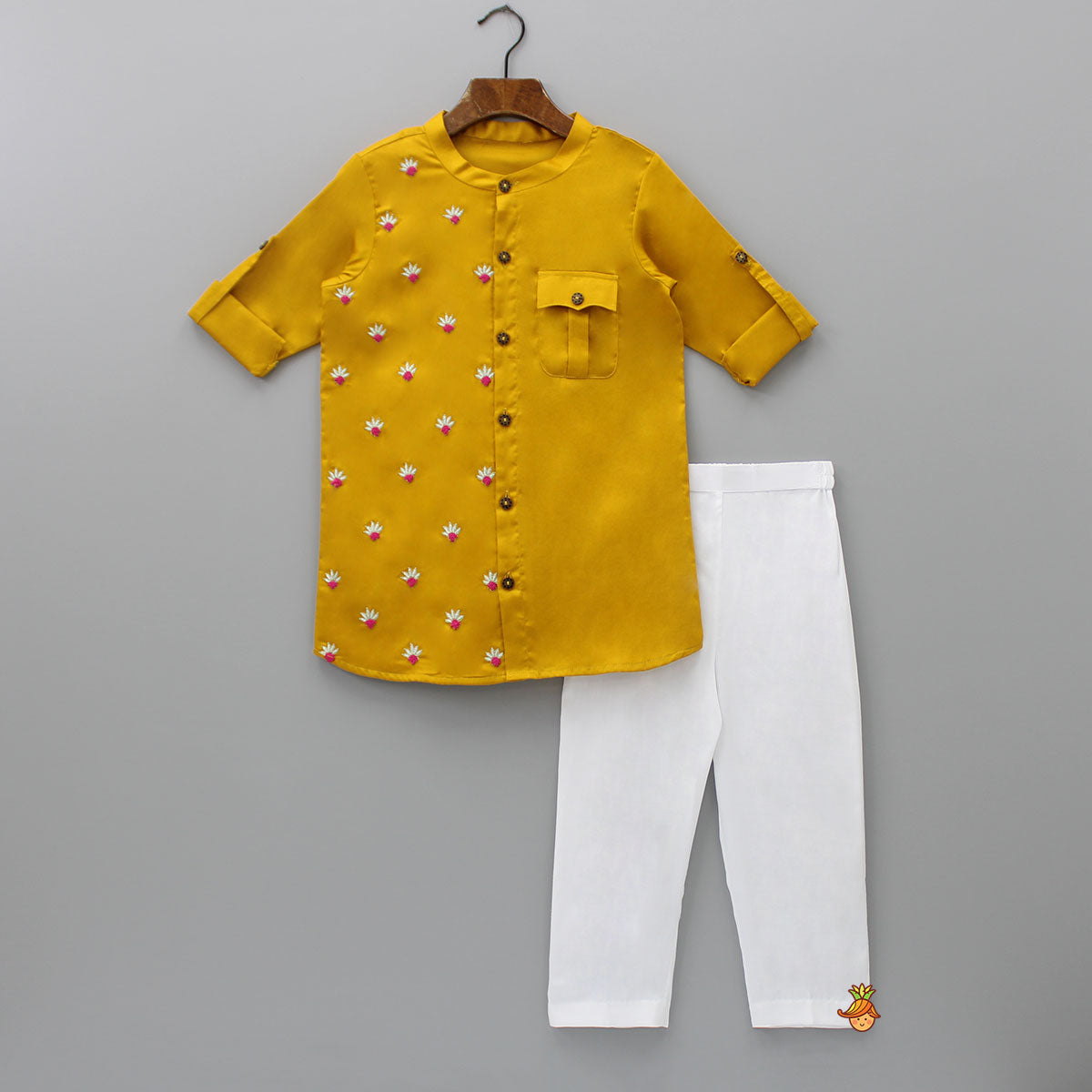 Pre Order: Mustard One Side Embroidered Kurta With Pyjama