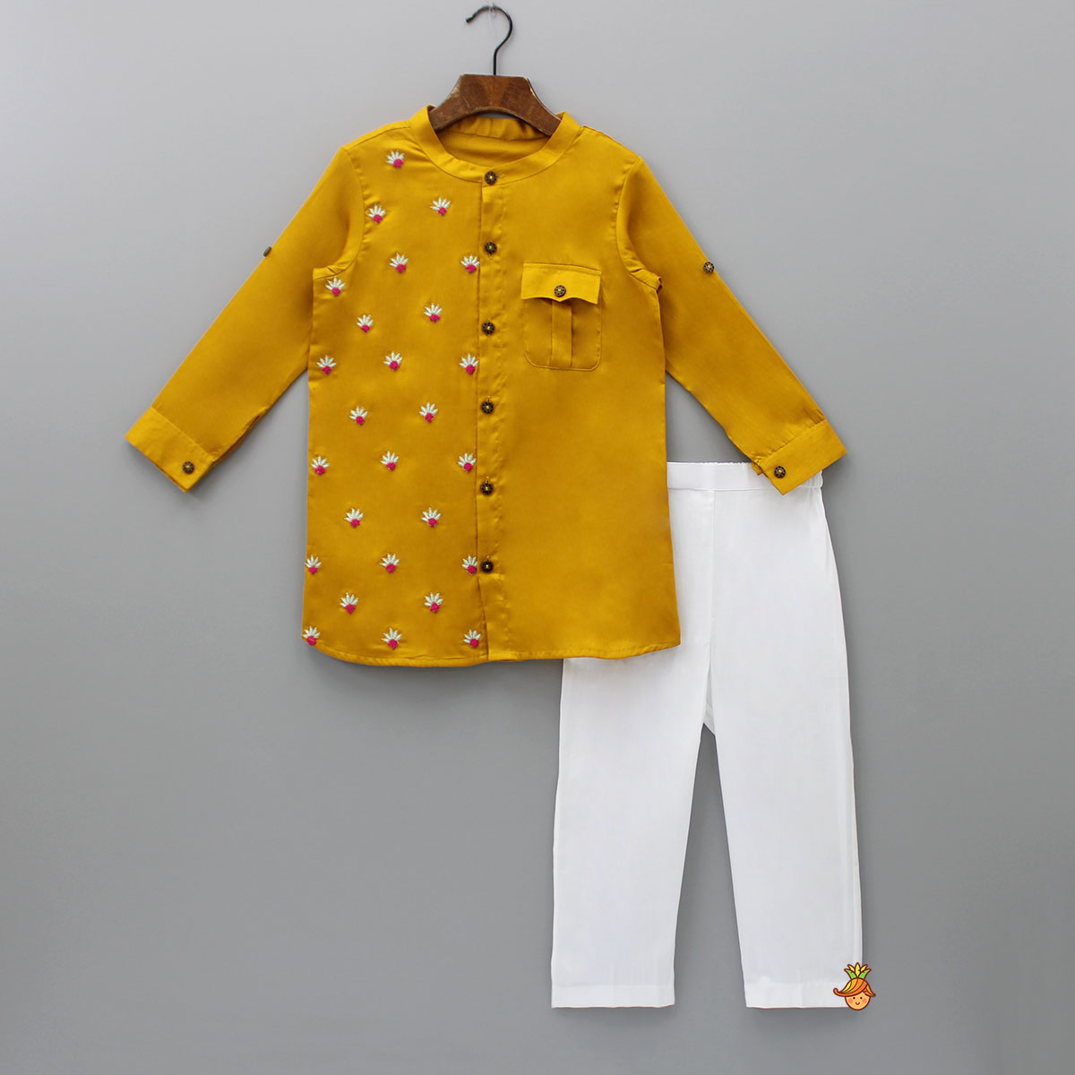 Pre Order: Mustard One Side Embroidered Kurta With Pyjama