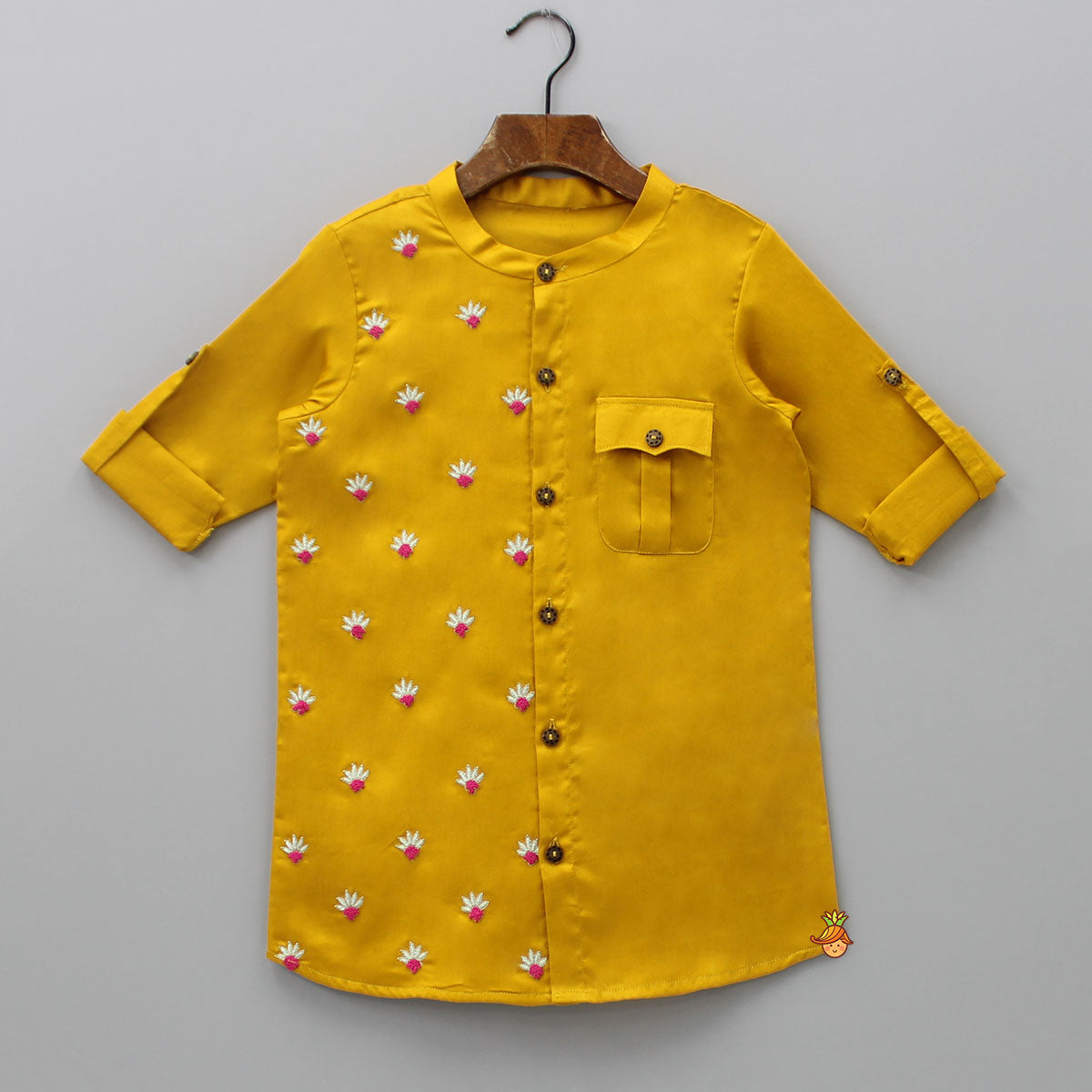 Pre Order: Mustard One Side Embroidered Kurta With Pyjama