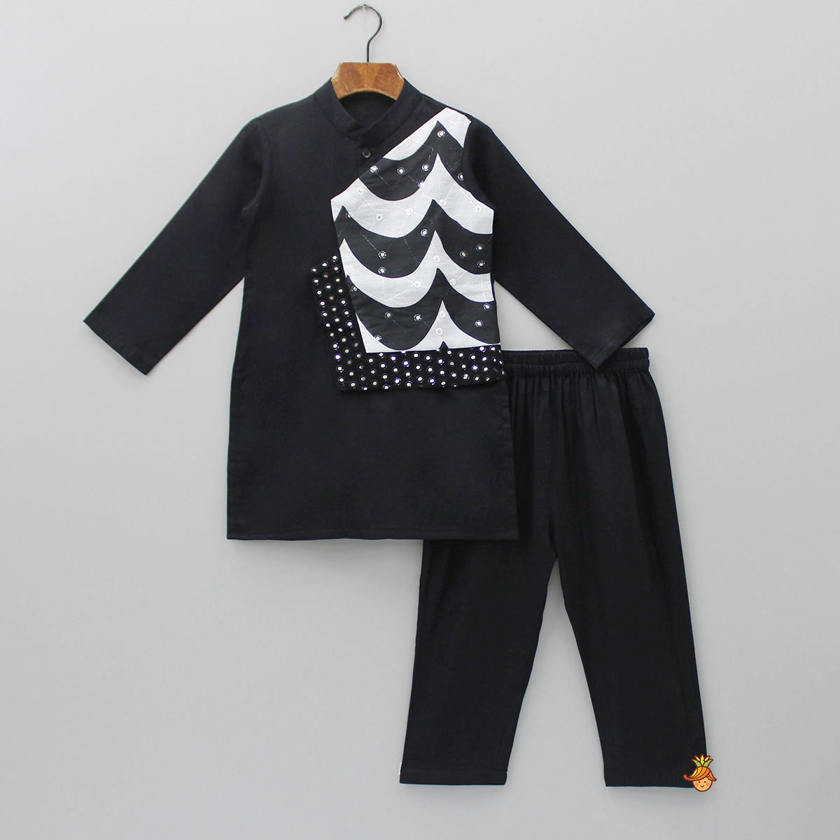 Pre Order: Faux Mirror Work Flap Black Kurta And Pyjama