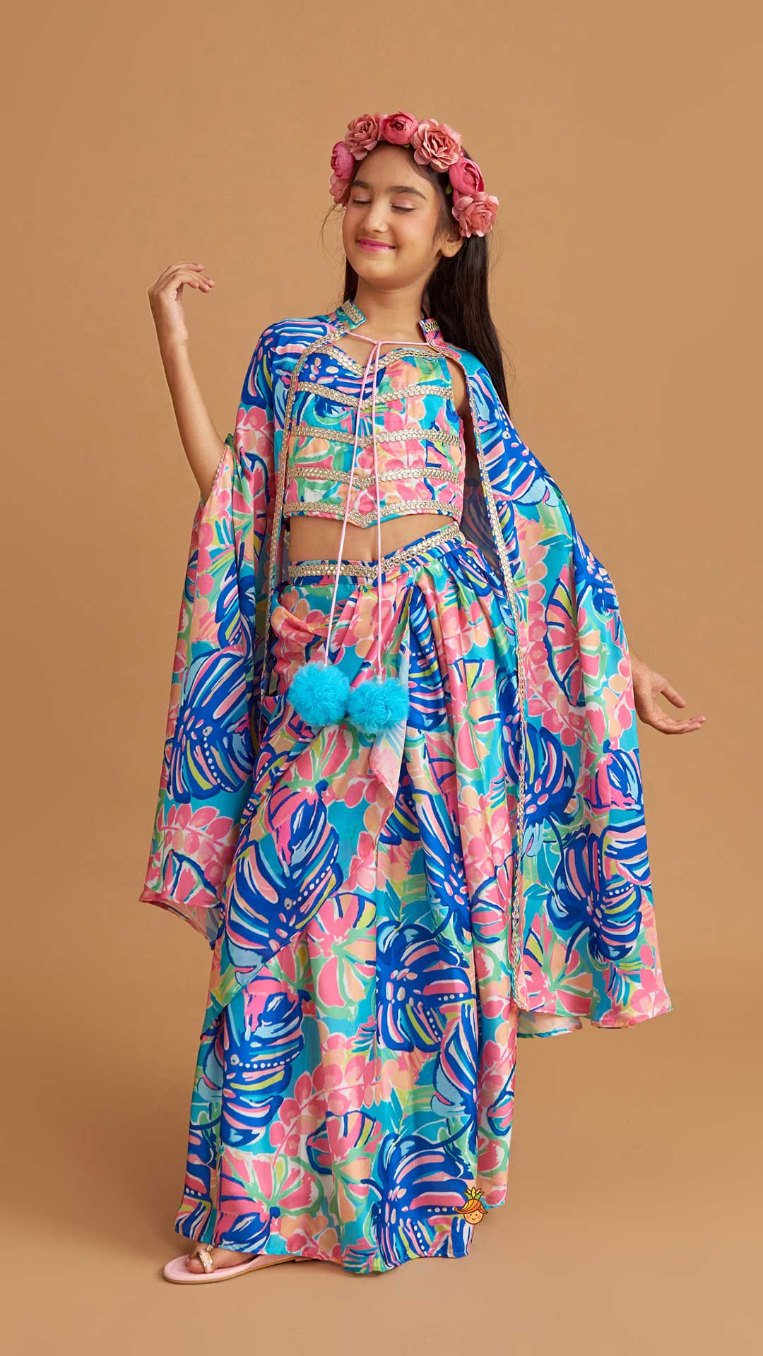 Pre Order: Multicolour Printed Lace Work Top With Cape And Dhoti Style Skirt