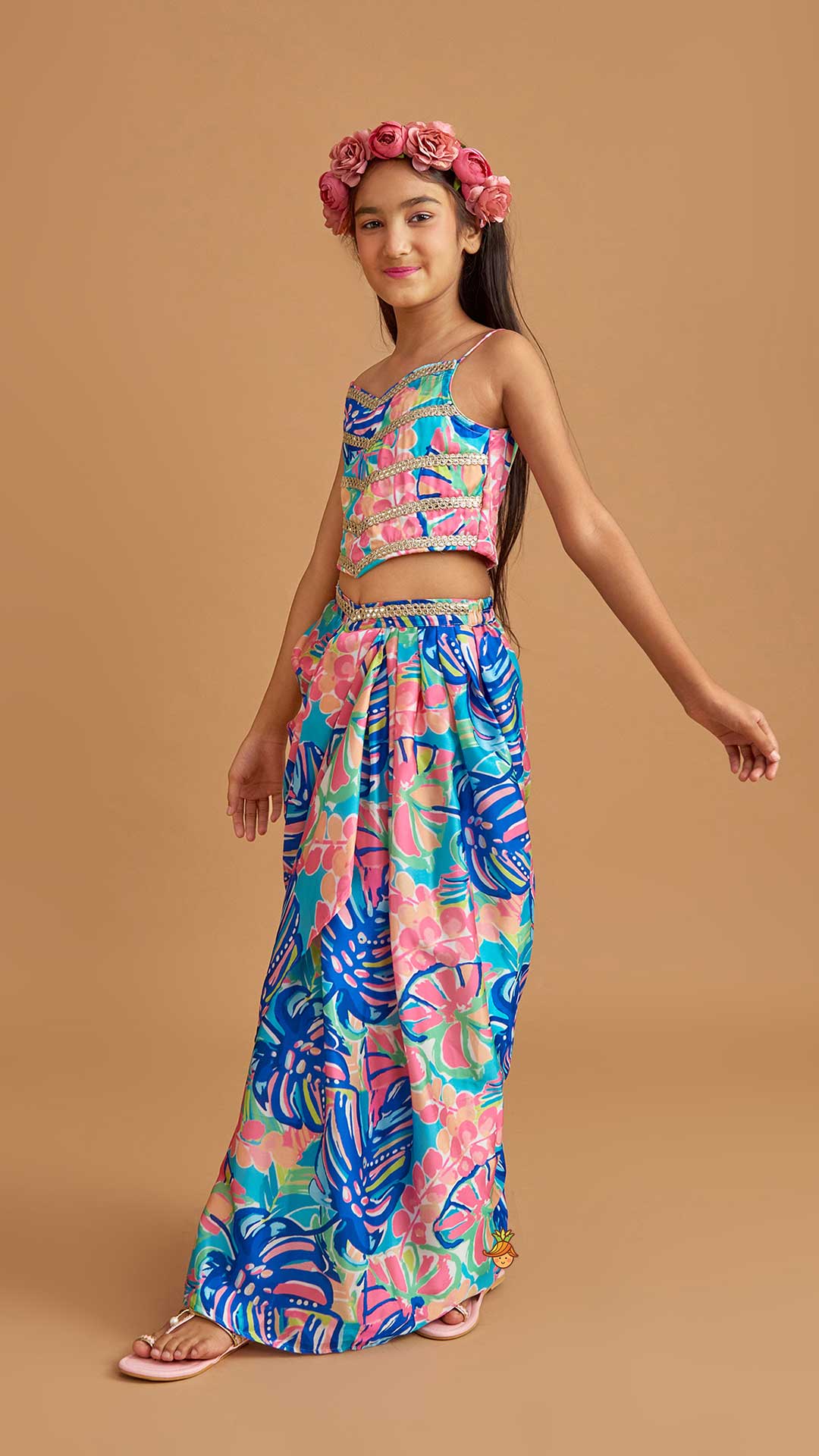 Pre Order: Multicolour Printed Lace Work Top With Cape And Dhoti Style Skirt