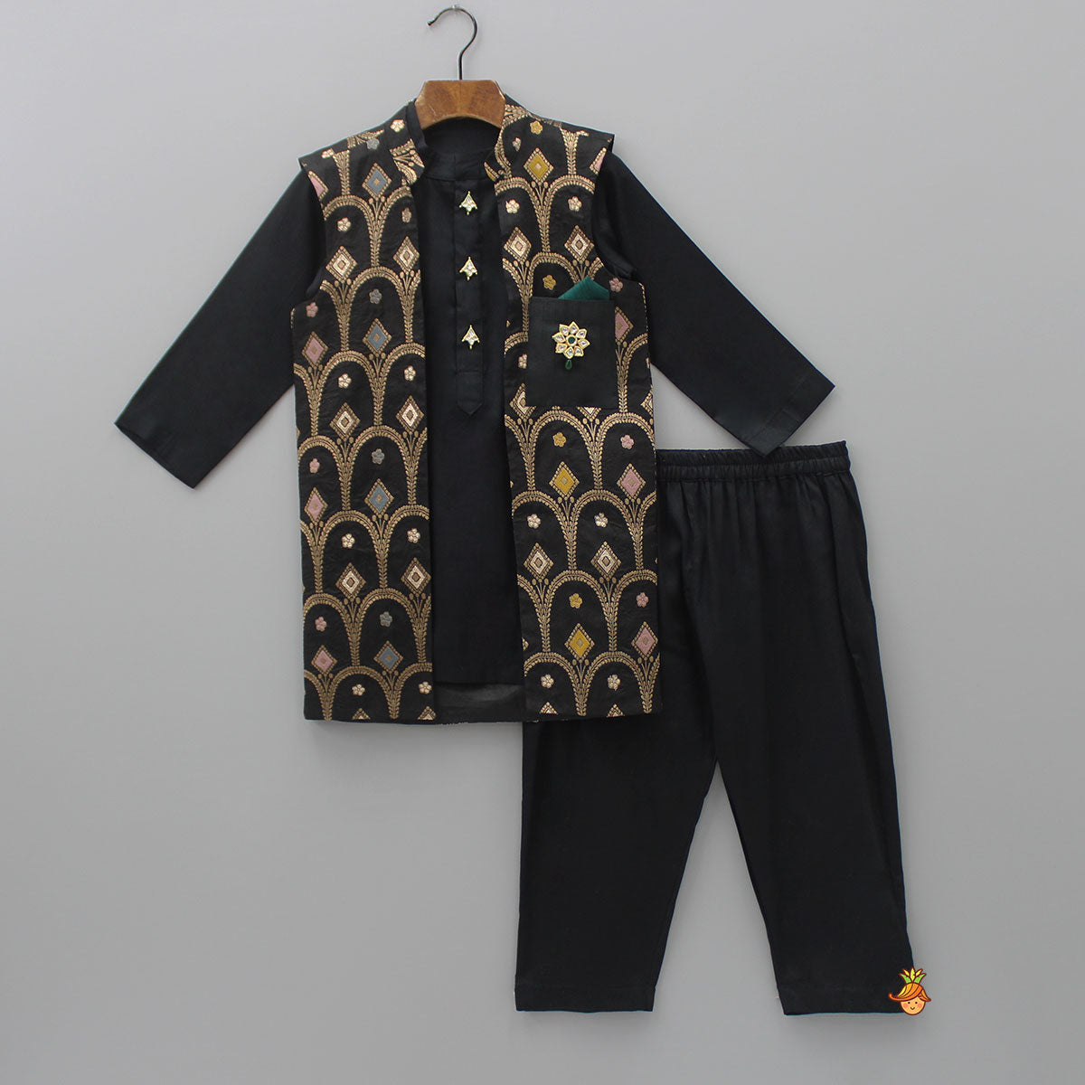 Pre Order: Black Silk Ethnic Kurta With Embroidered Jacket Patch Pocket And Pyjama