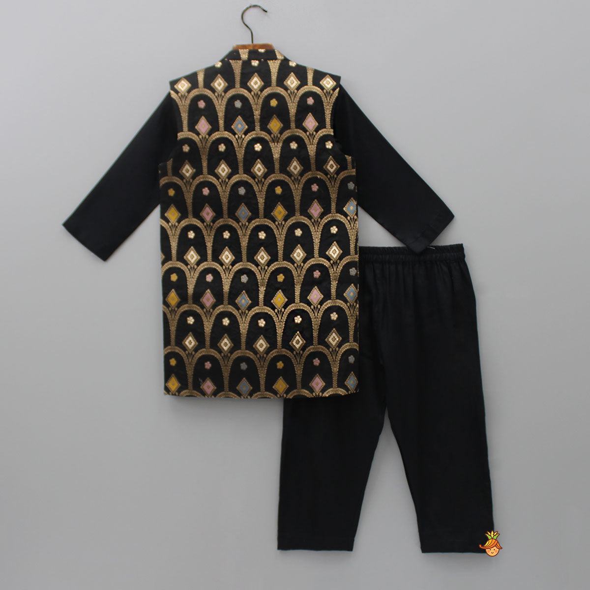 Pre Order: Black Silk Ethnic Kurta With Embroidered Jacket Patch Pocket And Pyjama