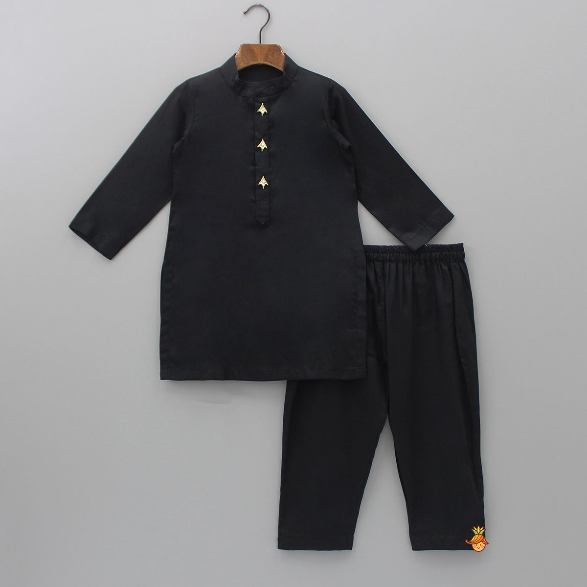 Pre Order: Black Silk Ethnic Kurta With Embroidered Jacket Patch Pocket And Pyjama