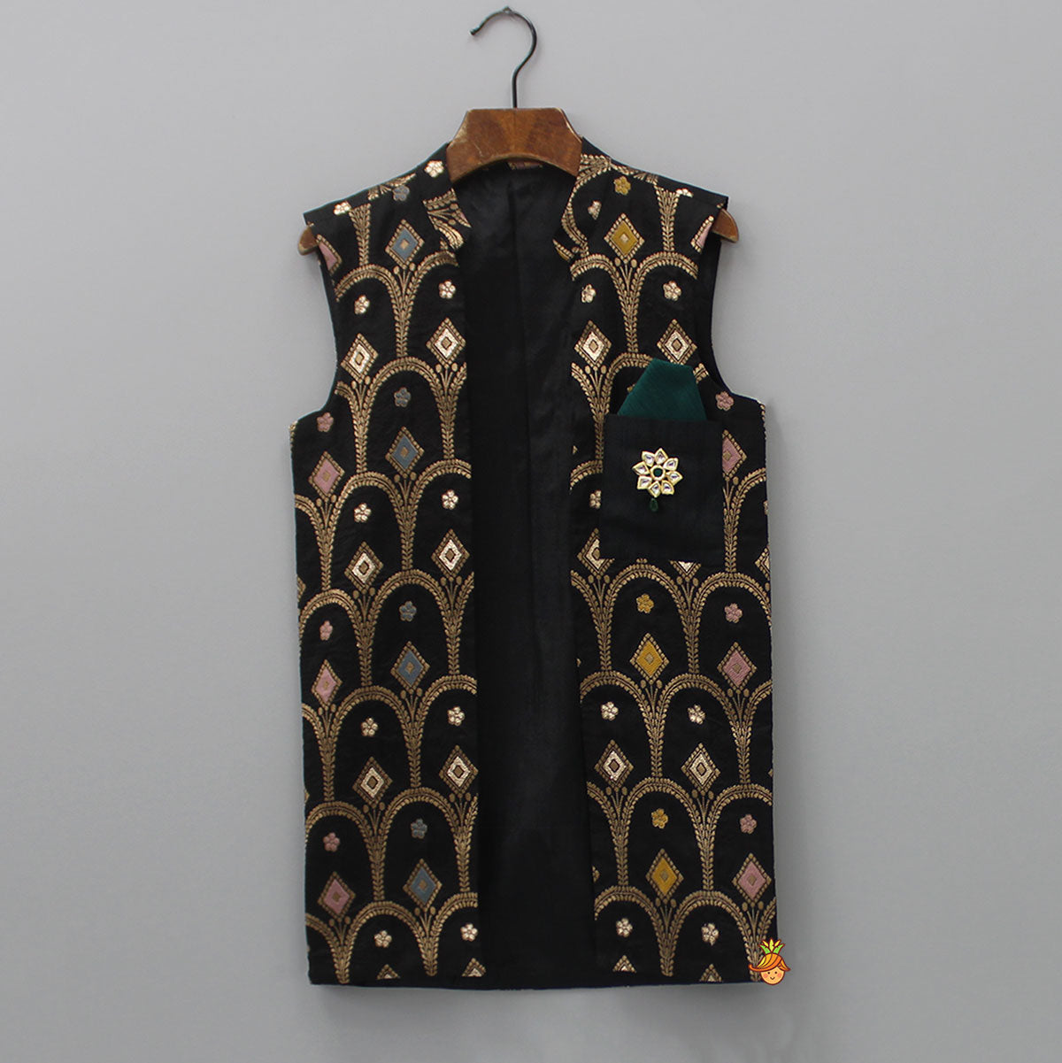 Pre Order: Black Silk Ethnic Kurta With Embroidered Jacket Patch Pocket And Pyjama