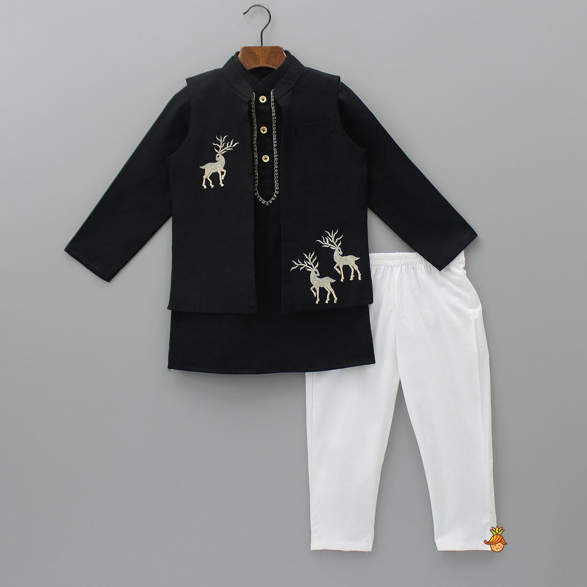 Pre Order: Black Embroidered Kurta With Jacket And Pyjama