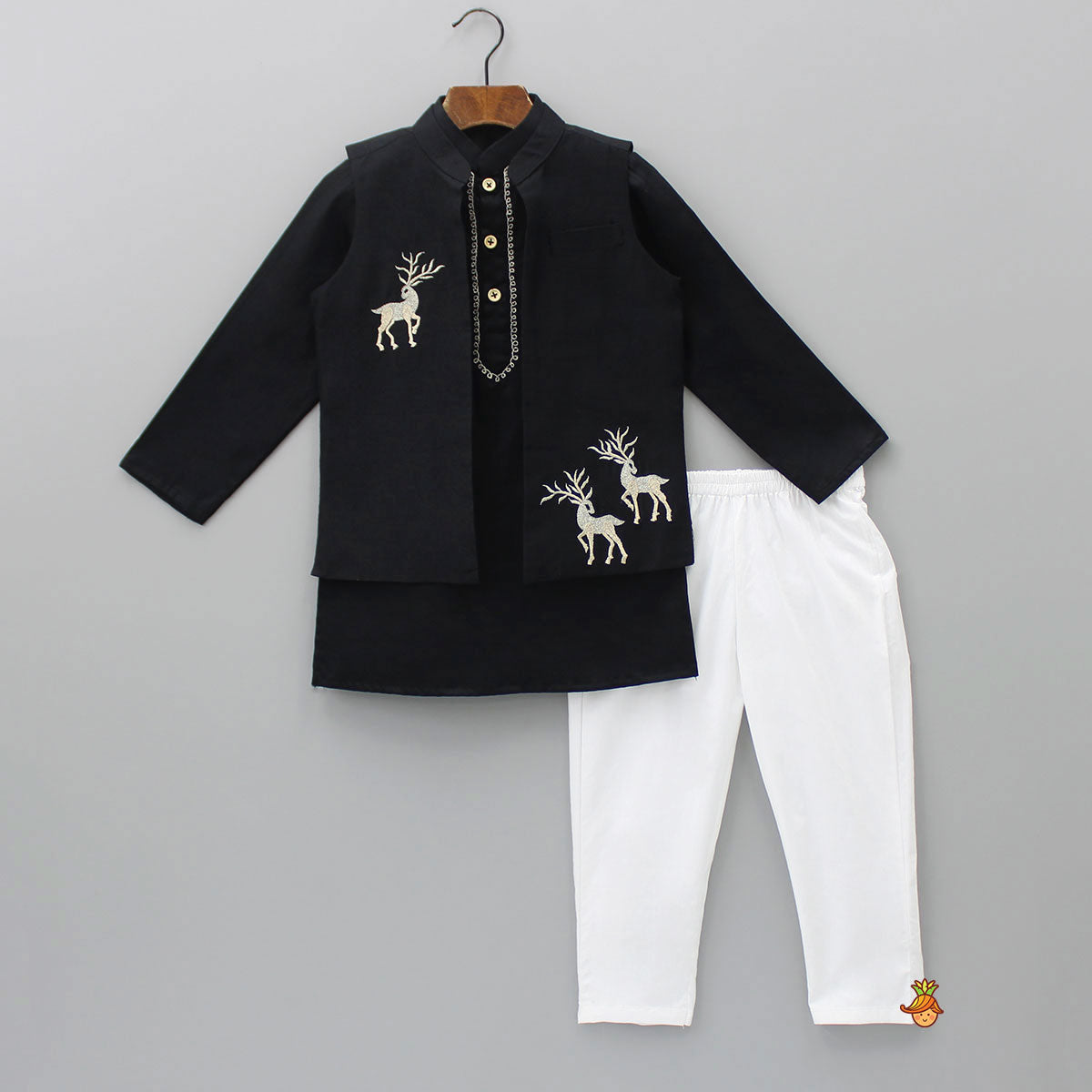 Pre Order: Black Embroidered Kurta With Jacket And Pyjama