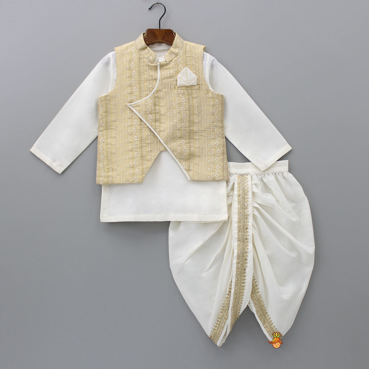 Pre Order: Kurta With Pocket Square Stylish Jacket And Lace Detailed Dhoti