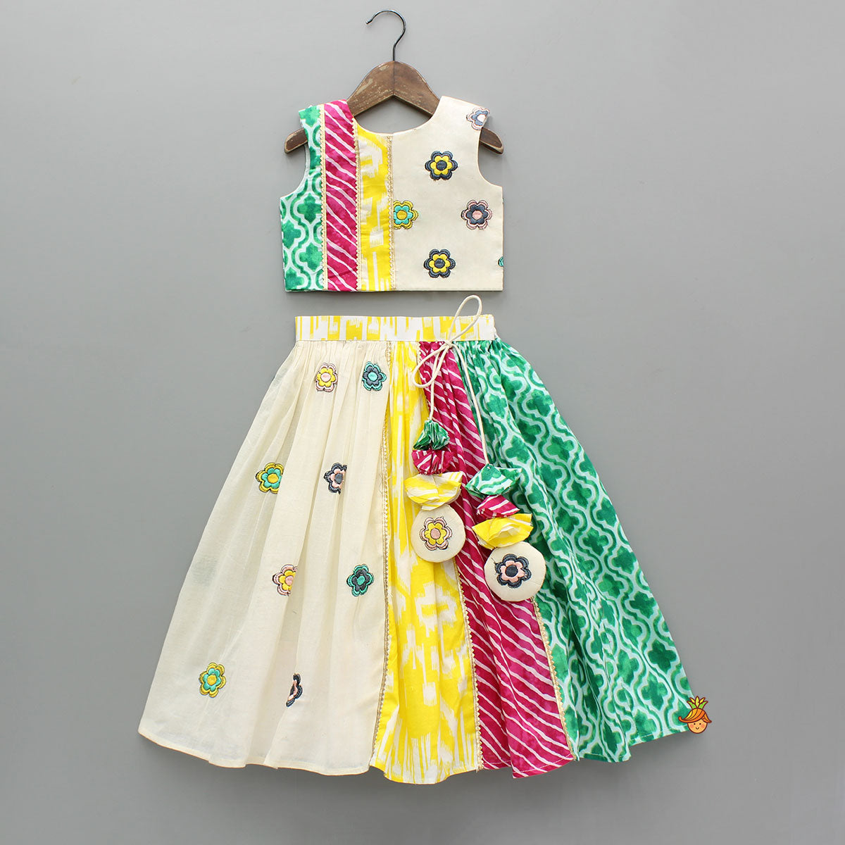 Pre Order: Multicoloured Printed Embroidered Top And Lehenga With Matching Dupatta