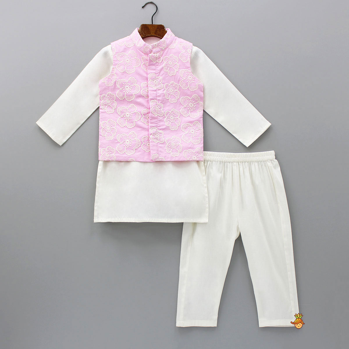 Pre Order: Off White Kurta With Embroidered Pink Jacket And Pyjama