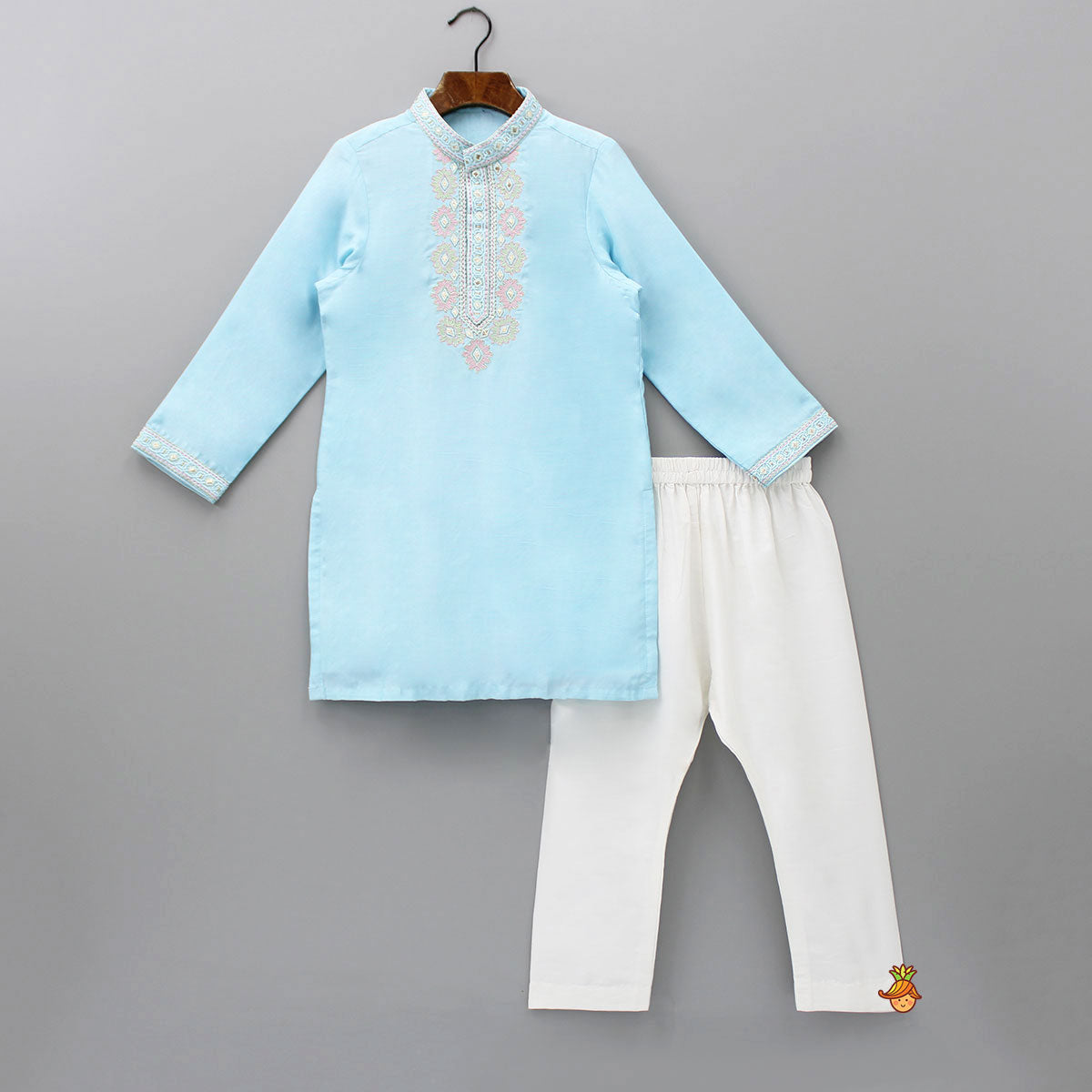 Pre Order: Thread Embroidered Blue Kurta And Pyjama