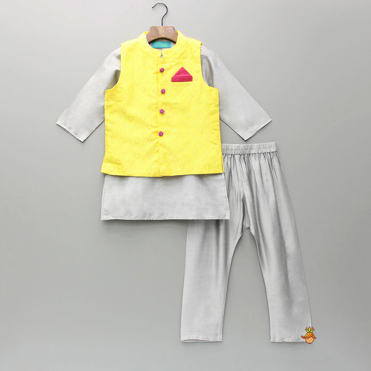 Plain Grey Kurta With Yellow Jacket And Pyjama