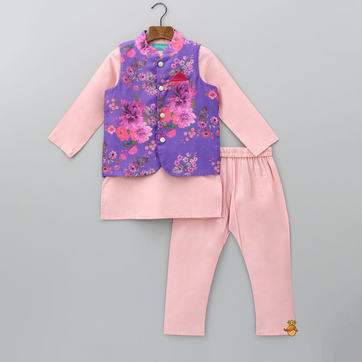 Pink Kurta With Floral Printed Jacket And Pyjama