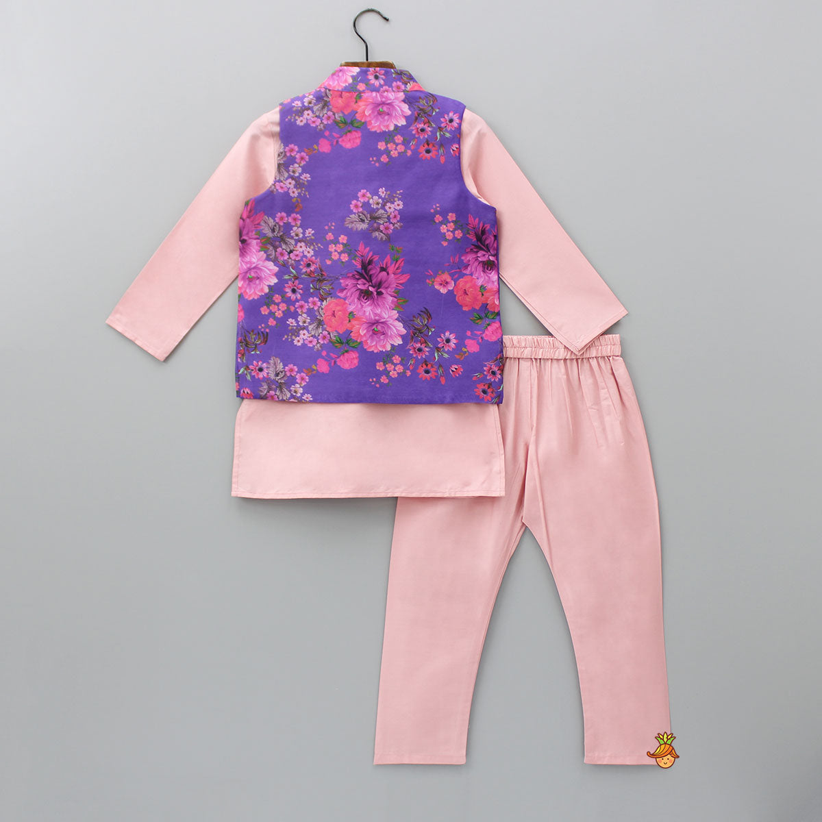 Pink Kurta With Floral Printed Jacket And Pyjama