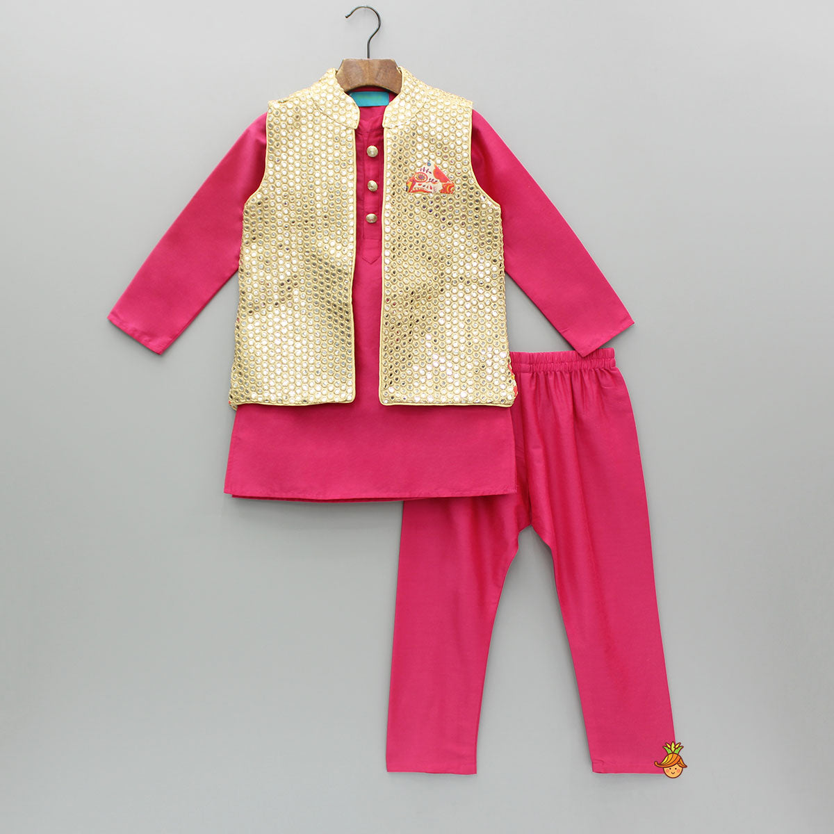 Pink Kurta With Faux Mirror Embroidered Jacket And Pyjama