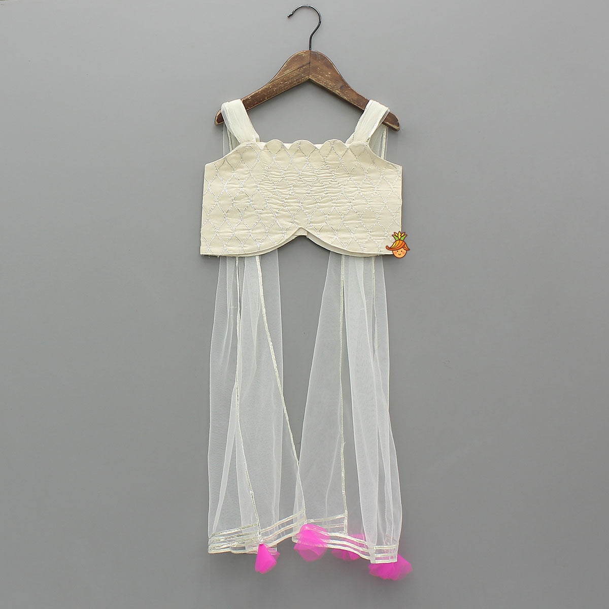 Pre Order: Gota Lace Detailed Top With Net Drapes And Lehenga