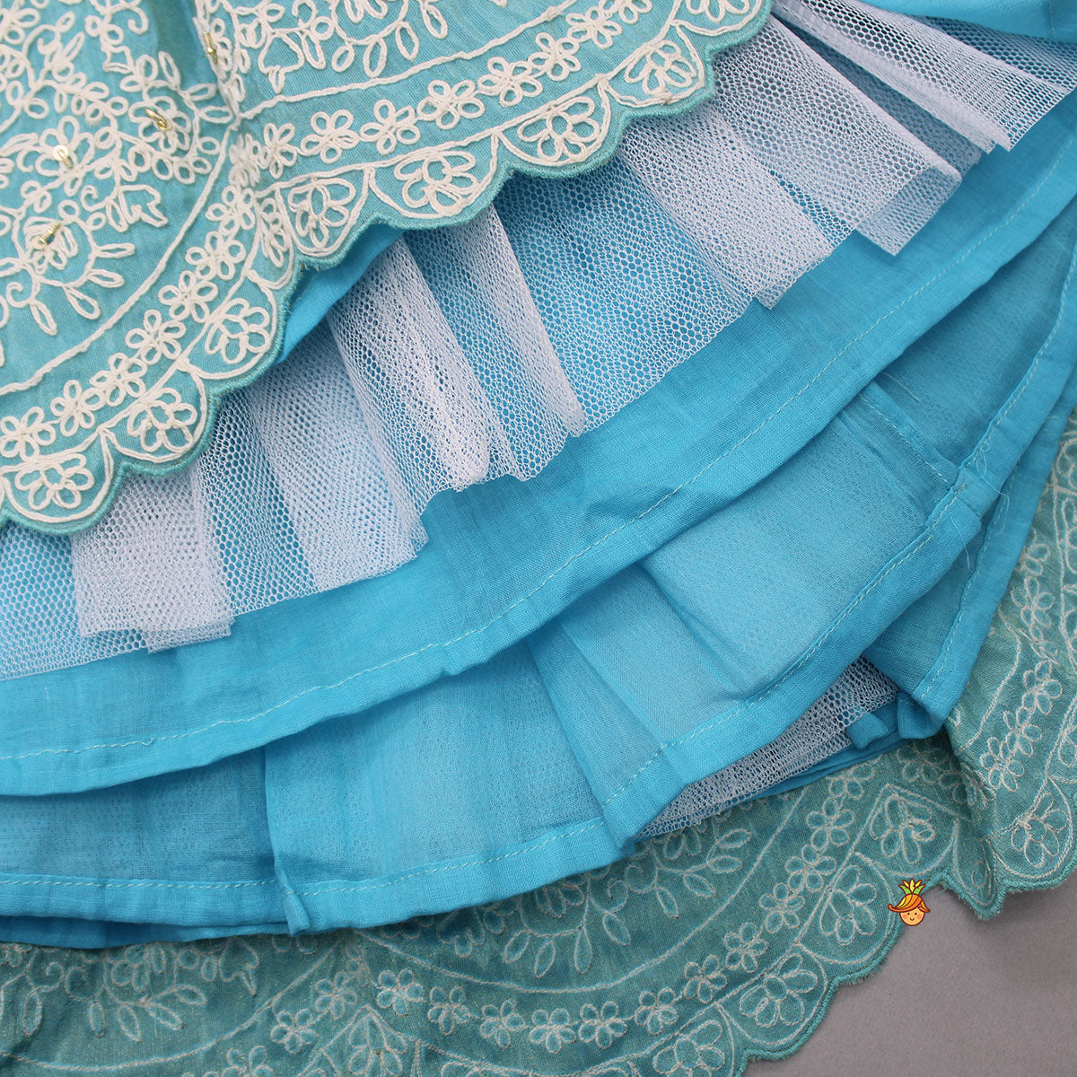 Pre Order: Blue Thread Embroidered Top And Lehenga